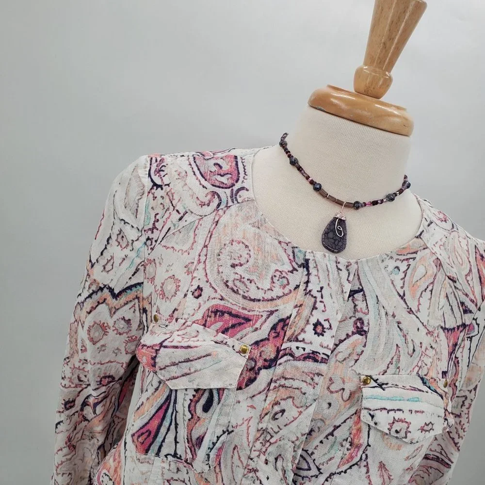 Chico's Womens Paisley Print Zip Up Linen‎ Jacket Size 1 (M) 3/4 Sleeve Career